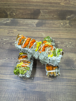 White sage, eucalyptus, and strawflower mini smudge stick